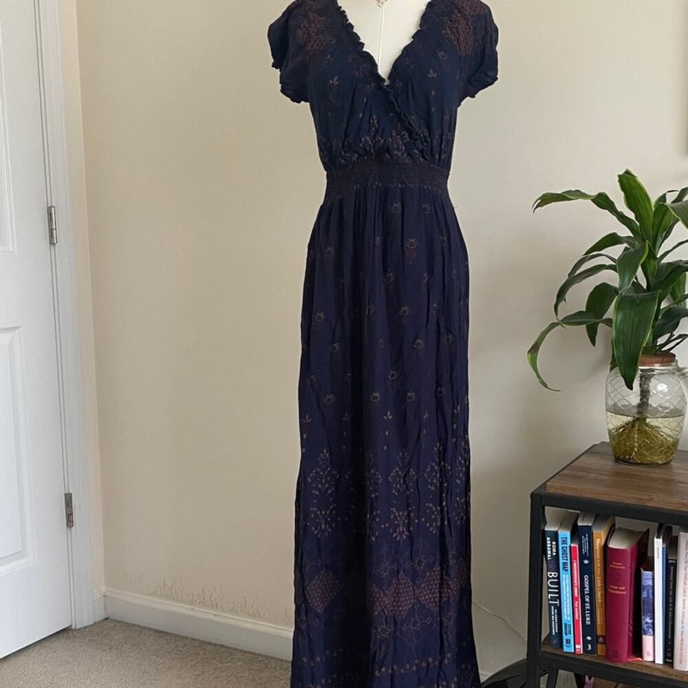 SOLD Navy Blue Bohemian Maxi Dress Smocked Waist V-Neck Size S